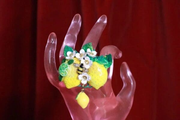 SOLD! 7666 Enamel Baroque Sicilian Lemon Fruit Bee Cocktail Adjustable Ring - Image 8