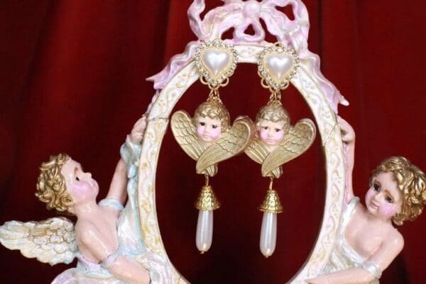 SOLD! 7667 Hand Painted Baroque Cherubs Pearl Statement Earrings - Image 2