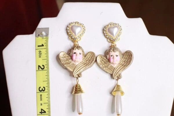 SOLD! 7667 Hand Painted Baroque Cherubs Pearl Statement Earrings - Image 3