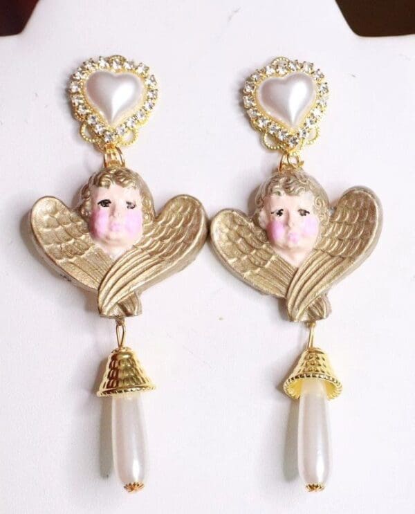 SOLD! 7667 Hand Painted Baroque Cherubs Pearl Statement Earrings