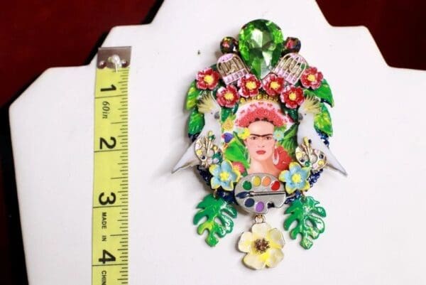 SOLD! 7671 Set Of Frida Kahlo Palette Hand Painted Birds Huge Brooch+ Earrings - Image 8