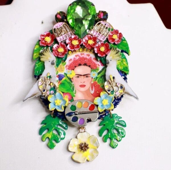 SOLD! 7671 Set Of Frida Kahlo Palette Hand Painted Birds Huge Brooch+ Earrings - Image 2
