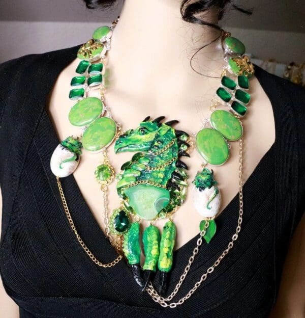SOLD! 7672 Medieval Genuine Howait Emerald Gemstones Dragon's Babies Necklace - Image 2