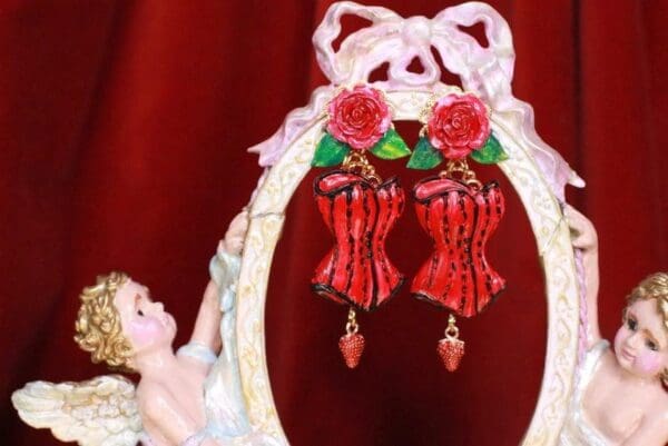 SOLD! 7673 Hand Painted Baroque Red Corset Roses Statement Earrings