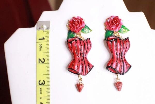 SOLD! 7673 Hand Painted Baroque Red Corset Roses Statement Earrings - Image 4