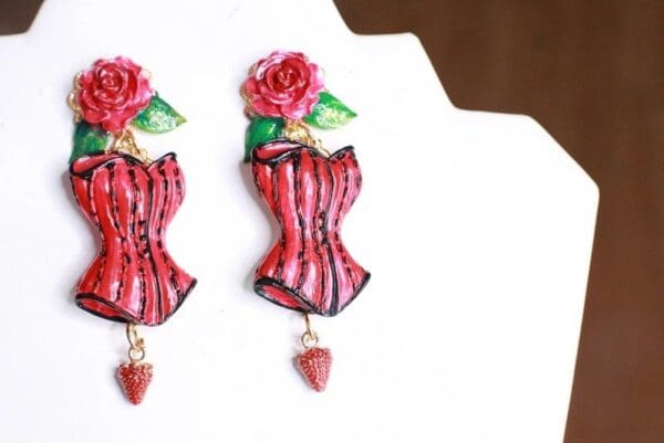 SOLD! 7673 Hand Painted Baroque Red Corset Roses Statement Earrings - Image 5