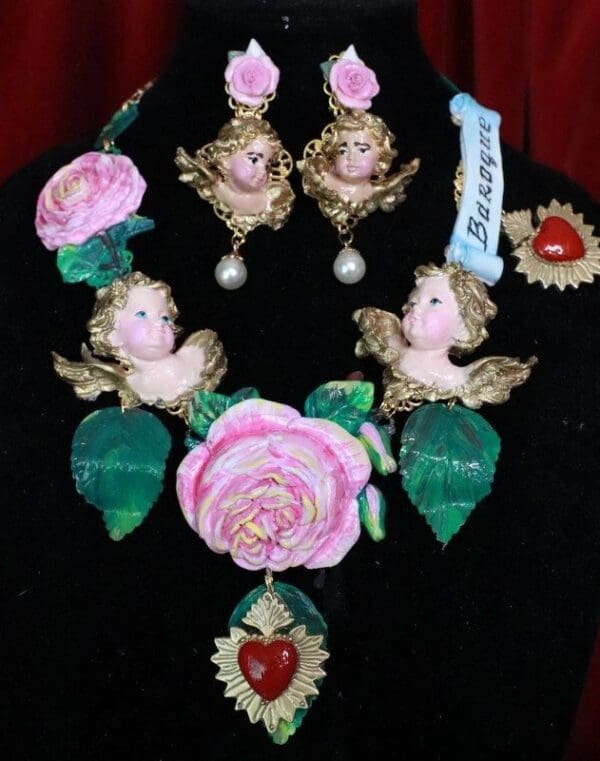 SOLD! 7674 Runway Banner Chubby Vivid Hand Painted Cherubs Roses Sacred Hearts Statement Necklace