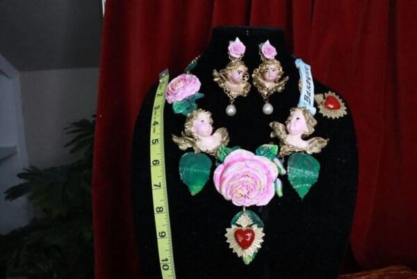 SOLD! 7674 Runway Banner Chubby Vivid Hand Painted Cherubs Roses Sacred Hearts Statement Necklace - Image 2