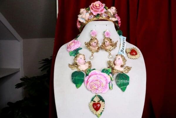 SOLD! 7674 Runway Banner Chubby Vivid Hand Painted Cherubs Roses Sacred Hearts Statement Necklace - Image 3