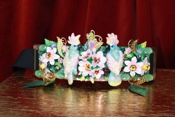 SOLD! 7675 Art Nouveau Hand Painted Pearlish Parrots Tropical Dona Anna Flowers Embellished Waist Gold Belt Size S, L, M - Image 4