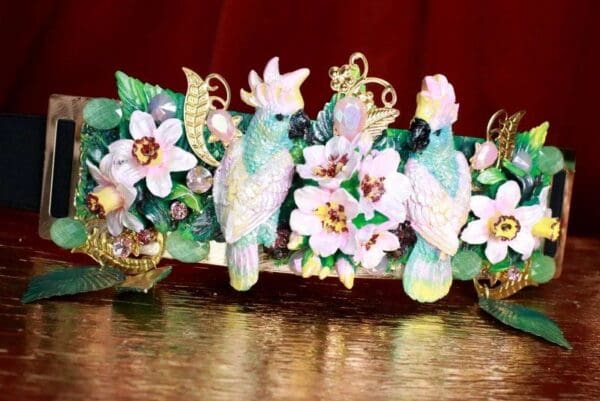 SOLD! 7675 Art Nouveau Hand Painted Pearlish Parrots Tropical Dona Anna Flowers Embellished Waist Gold Belt Size S, L, M - Image 5