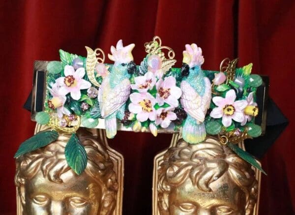 SOLD! 7675 Art Nouveau Hand Painted Pearlish Parrots Tropical Dona Anna Flowers Embellished Waist Gold Belt Size S, L, M