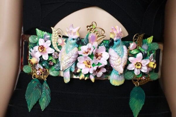 SOLD! 7675 Art Nouveau Hand Painted Pearlish Parrots Tropical Dona Anna Flowers Embellished Waist Gold Belt Size S, L, M - Image 8