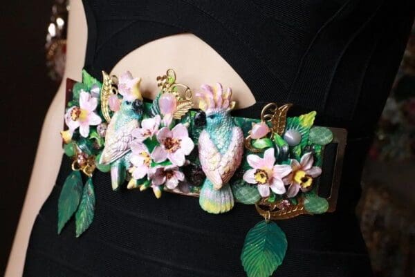 SOLD! 7675 Art Nouveau Hand Painted Pearlish Parrots Tropical Dona Anna Flowers Embellished Waist Gold Belt Size S, L, M - Image 9