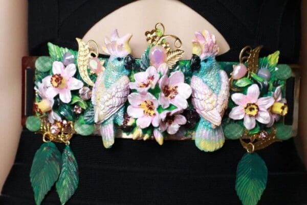 SOLD! 7675 Art Nouveau Hand Painted Pearlish Parrots Tropical Dona Anna Flowers Embellished Waist Gold Belt Size S, L, M - Image 3