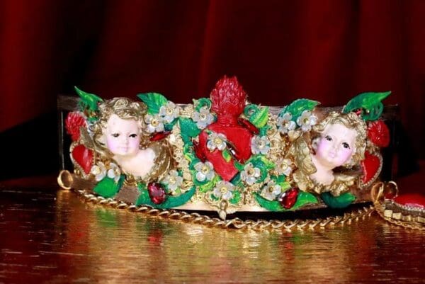 SOLD! 7676 Baroque Sacred Heart Angels Cherubs Flower Blossom Embellished Waist Gold Belt Size S, L, M - Image 3