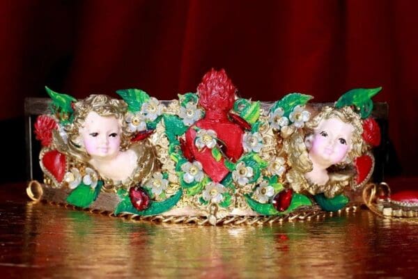 SOLD! 7676 Baroque Sacred Heart Angels Cherubs Flower Blossom Embellished Waist Gold Belt Size S, L, M