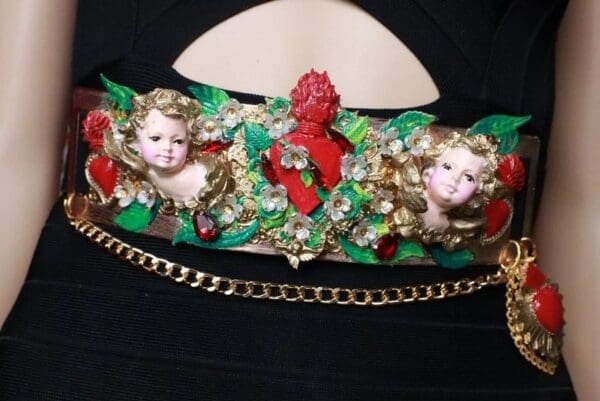 SOLD! 7676 Baroque Sacred Heart Angels Cherubs Flower Blossom Embellished Waist Gold Belt Size S, L, M - Image 2