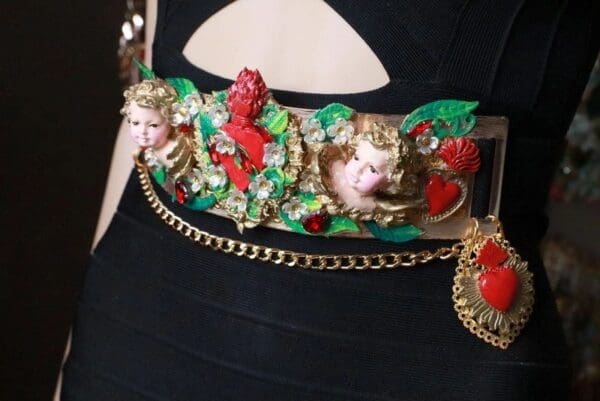 SOLD! 7676 Baroque Sacred Heart Angels Cherubs Flower Blossom Embellished Waist Gold Belt Size S, L, M - Image 9