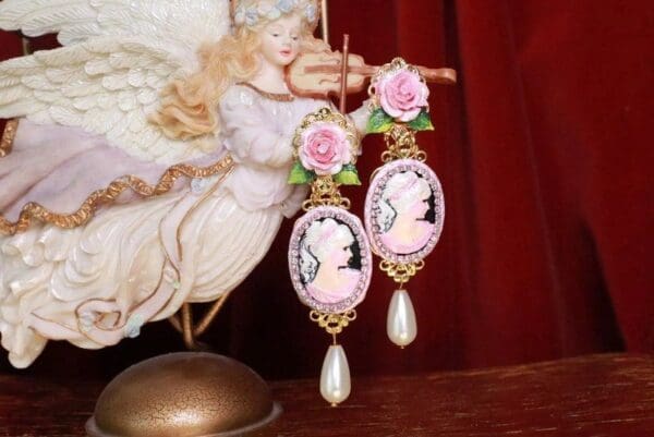 SOLD! 7680 Victorian Carved Cameo Hand Painted Rose Statement Earrings - Image 3
