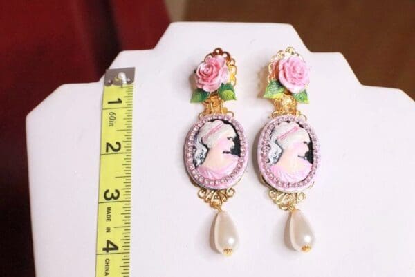 SOLD! 7680 Victorian Carved Cameo Hand Painted Rose Statement Earrings - Image 4