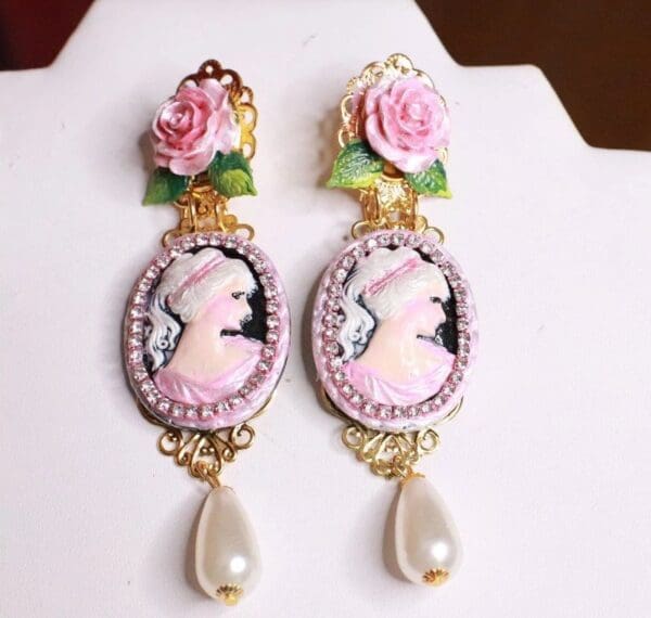 SOLD! 7680 Victorian Carved Cameo Hand Painted Rose Statement Earrings
