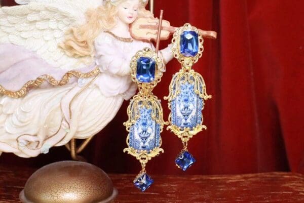 SOLD!7681 Baroque Sicilian Tile Blue Vase Long Earrings - Image 2