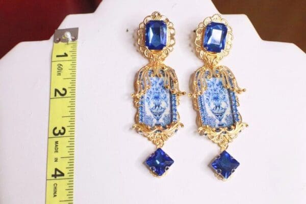 SOLD!7681 Baroque Sicilian Tile Blue Vase Long Earrings - Image 6