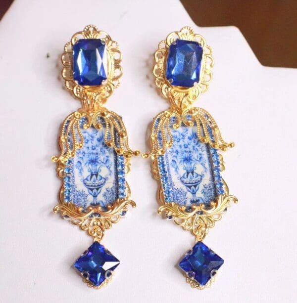 SOLD!7681 Baroque Sicilian Tile Blue Vase Long Earrings