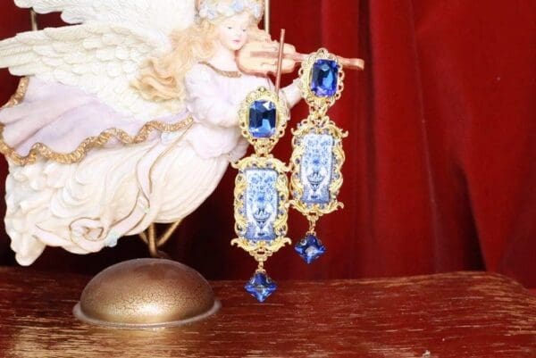 SOLD! 7682 Baroque Sicilian Tile Blue Vase Long Earrings - Image 2