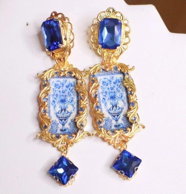 SOLD! 7682 Baroque Sicilian Tile Blue Vase Long Earrings