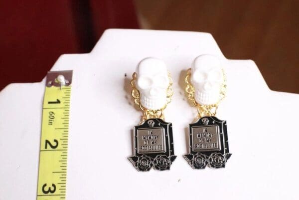 SOLD! 7683 Goth In Memory Of My Social Life Scull Enamel Earrings - Image 4