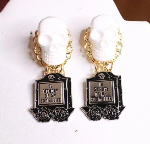 SOLD! 7683 Goth In Memory Of My Social Life Scull Enamel Earrings - Image 2