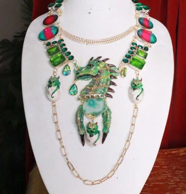 SOLD! 7686 Medieval Genuine Tourmaline Emerald Gemstones Dragon's Babies Necklace - Image 2