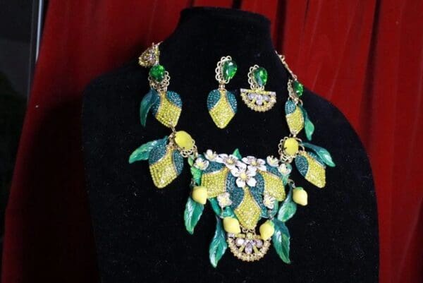 SOLD! 7689 Set Of Baroque Rhinestone Sicilian Lemon Fruit Necklace+ Earrings - Image 5