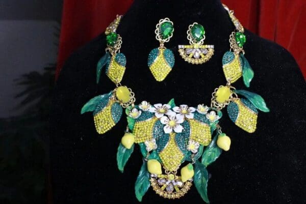 SOLD! 7689 Set Of Baroque Rhinestone Sicilian Lemon Fruit Necklace+ Earrings - Image 9