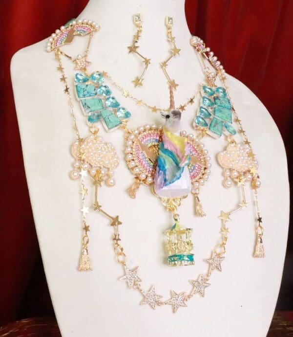 SOLD! 7693 Set Of Art Jewelry 3D Effect Unicorn Genuine Turquoise Necklace+ Earrings - Image 2
