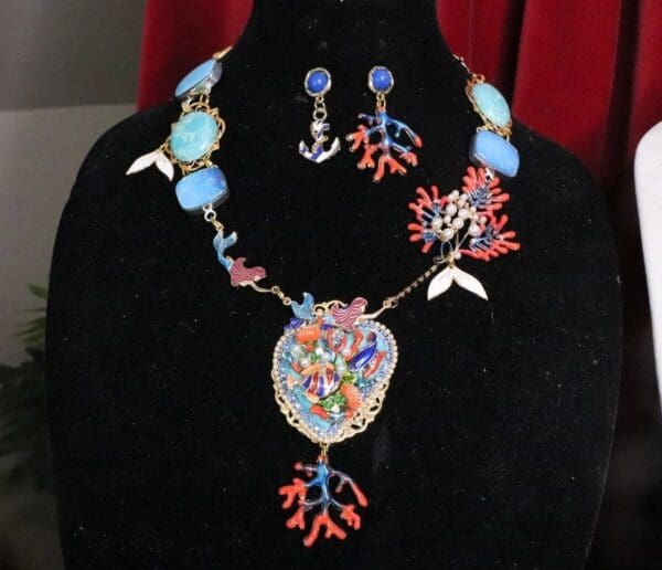 SOLD! 7694 Set Of Nautical Genuine Opal Larimar Mermaid Gemstones Reef Necklace+ Earrings