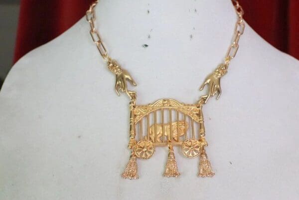 SOLD! 7696 Elegant Gold Tone Lion In a Cage Hands Tassel Choker Necklace - Image 2
