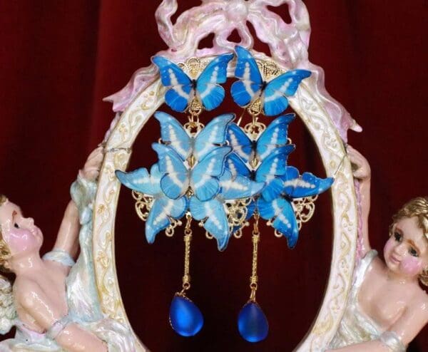 SOLD! 7698 Art Nouveau Butterfly Long Earrings Studs - Image 7