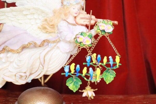 SOLD! 7703 Art Nouveau Hand Painted Birds Roses Dangle Earrings