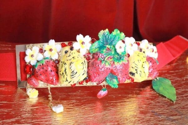 SOLD! 7706 Baroque Strawberry Chicks Hand Painted Embellished Waist Gold Belt Size S, L, M - Image 2