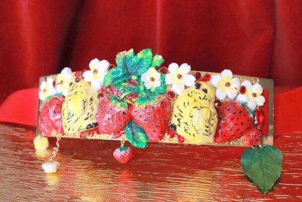 SOLD! 7706 Baroque Strawberry Chicks Hand Painted Embellished Waist Gold Belt Size S, L, M - Image 3