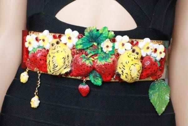 SOLD! 7706 Baroque Strawberry Chicks Hand Painted Embellished Waist Gold Belt Size S, L, M - Image 7