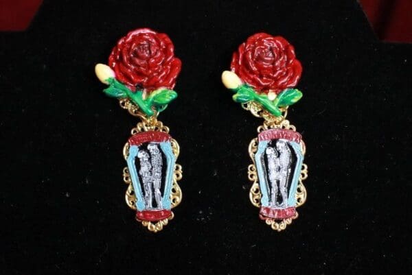 SOLD! 7718 Forever And Ever Goth Enamel Skeletons Rose Earrings - Image 5