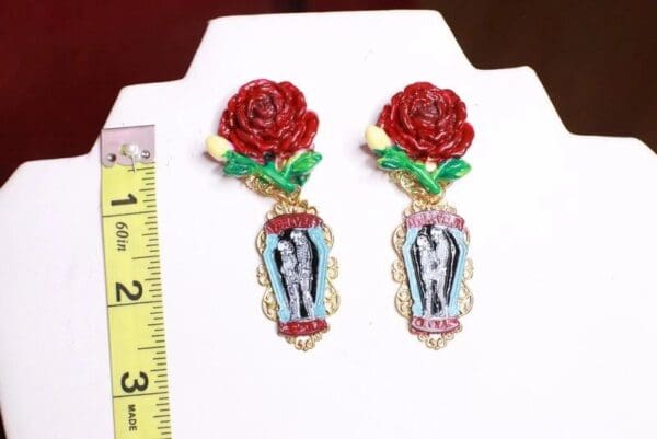 SOLD! 7718 Forever And Ever Goth Enamel Skeletons Rose Earrings - Image 6