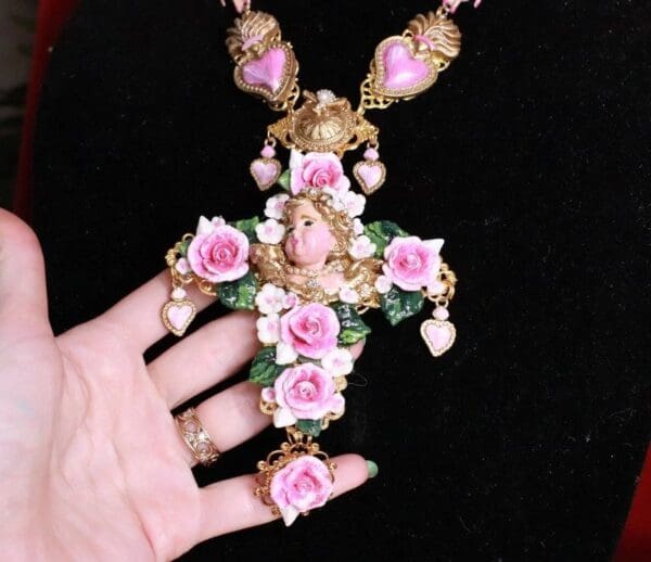 SOLD! 7722 Baroque Vivid Chubby Cherub Roses Pink Sacred Hearts Cross Pendant - Image 5