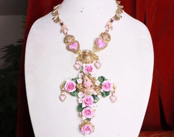 SOLD! 7722 Baroque Vivid Chubby Cherub Roses Pink Sacred Hearts Cross Pendant - Image 7
