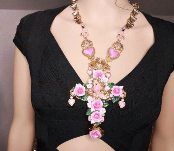 SOLD! 7722 Baroque Vivid Chubby Cherub Roses Pink Sacred Hearts Cross Pendant - Image 2