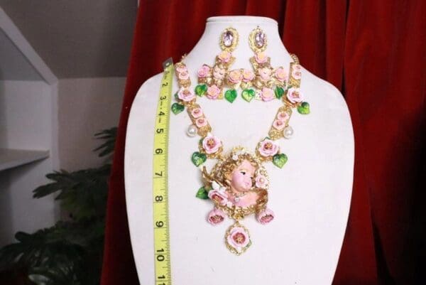 SOLD!7723 Baroque Vivid Chubby Cherub Roses Pink Large Pendant Necklace - Image 2